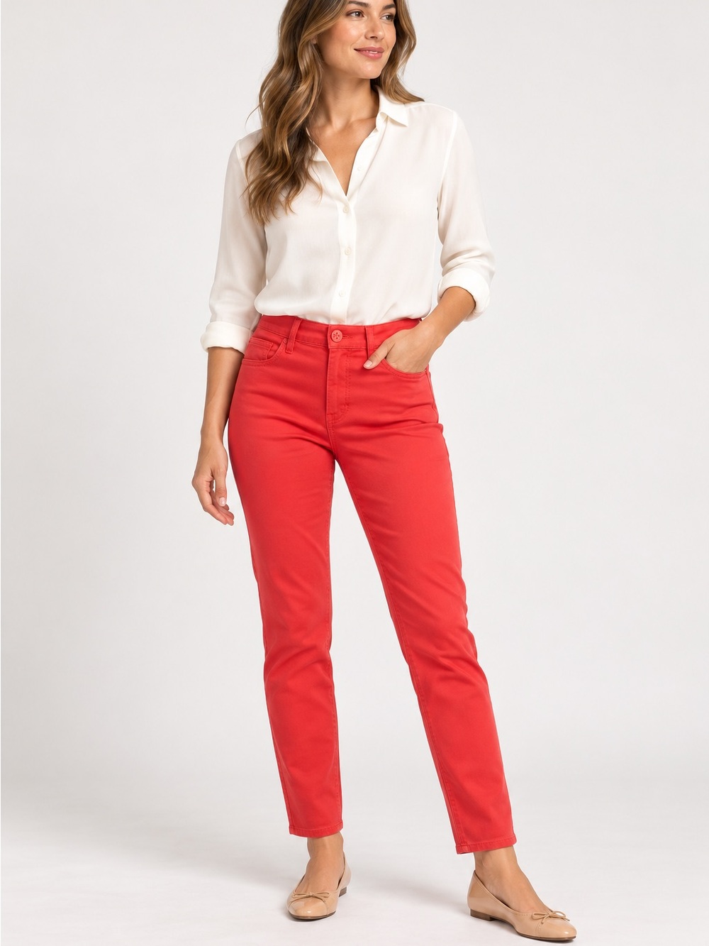 Tory Burch Straight Leg Jeans in Coral Red